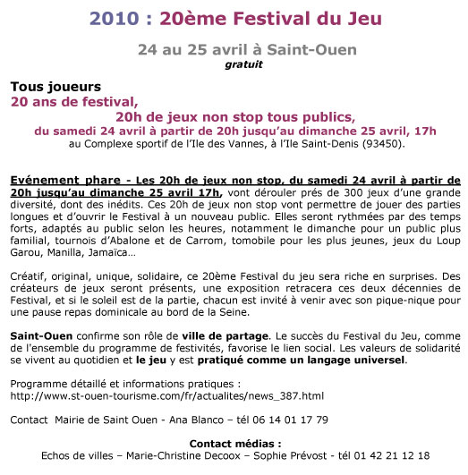 programme 20 &egrave;me Festival du jeu de Saint-Ouen 2010 