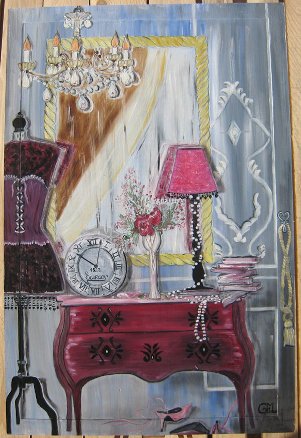 tableau peint sur bois, la commode &agrave; bijoux