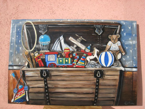 tableau peint sur bois, le coffre &agrave; jouet