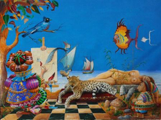 Le paintre animalier et son mod&egrave;le - acrylique 60x80cm