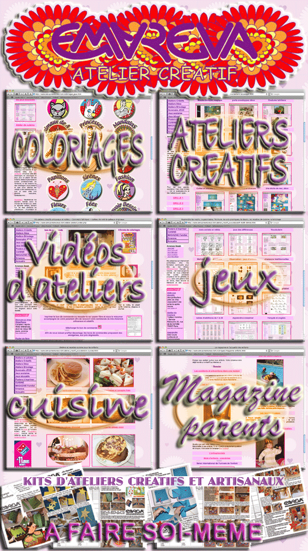 image regroupant les coloriages, ateliers cr�atifs, magazine enfants, vid�os, kits d'ateliers et autres th�mes des rubriques enfants